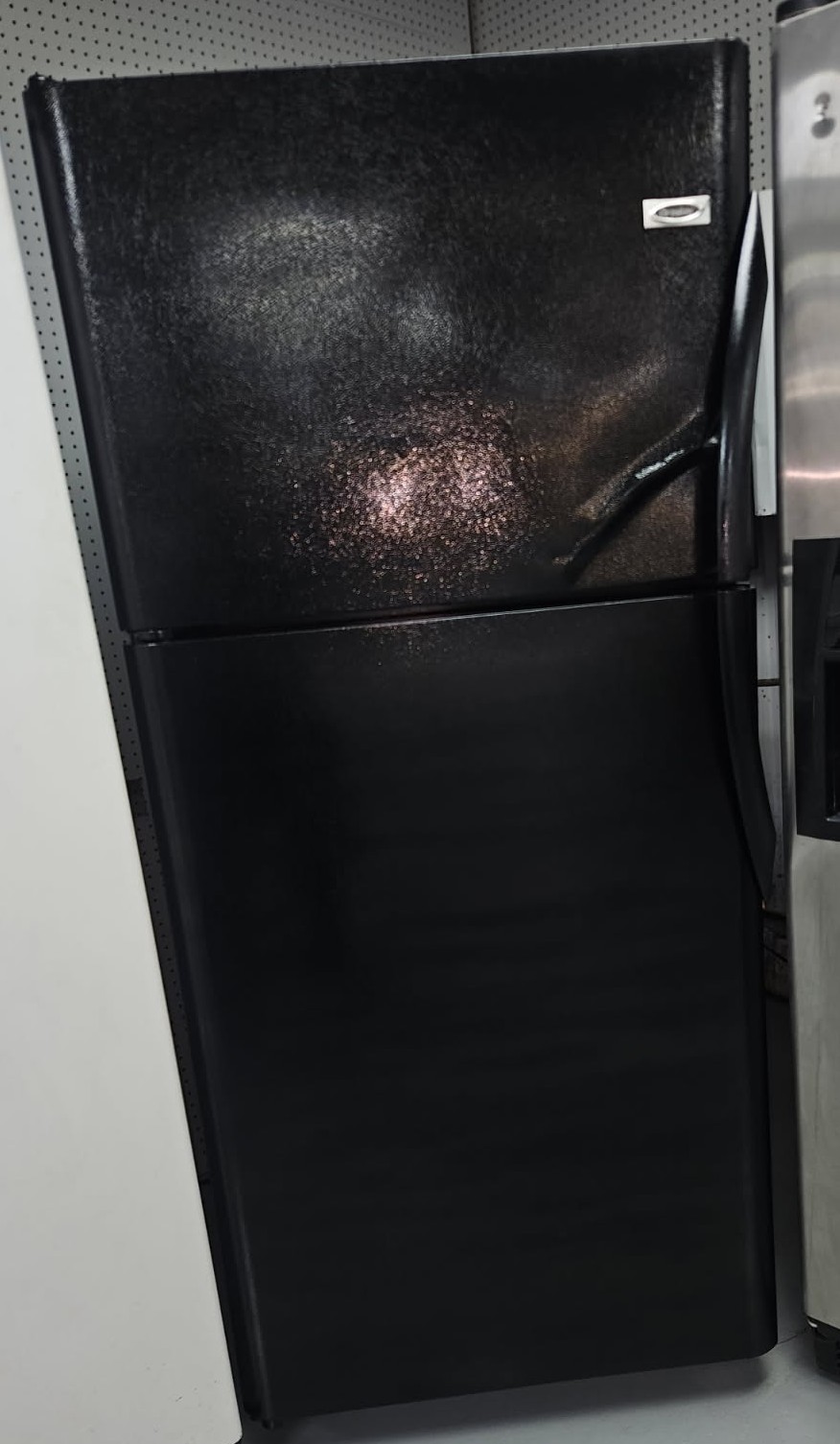 BLACK FRIDGE WITH DAMAGED DOOR